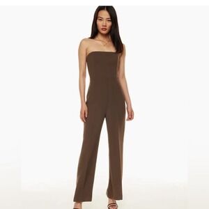 Aritzia Wilfred Strapless Wide Leg Jumpsuit Brown Size 12 Bandeau Smocked Back